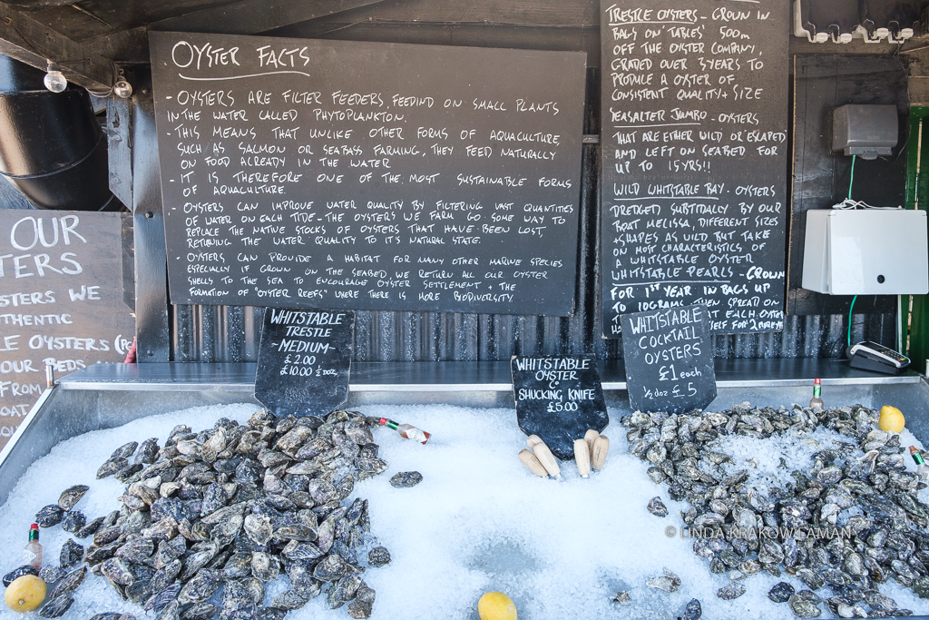 Display of oysters laid out on ice in a metal tray in front of a restaurant; chalkboards list oyster facts, varieties, and prices. 