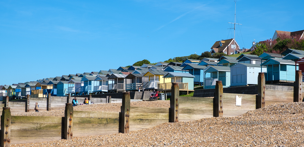 Groynes and pebble beach in foreground, four or five rows of pastel painted tiny houses beyond them. 