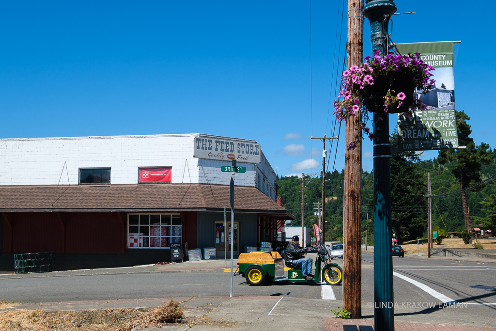 Small town scene, green and yellow tractor stopped at the corner, feed store opposite, lamp post with basket of purple petunias in the foreground. 