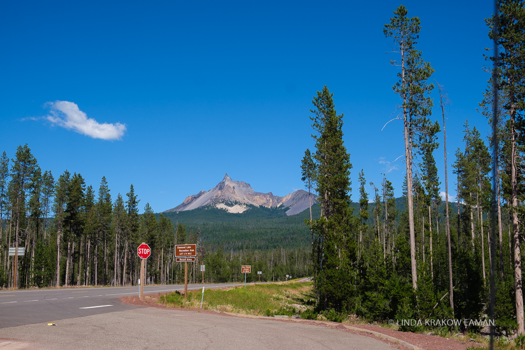 Photograph of Mt. Thielson, a very pointy rocky mountain, poking up through a forest of evergreens. Taken from a roadside stop, stop sign and brown signs by the side of the road. 
