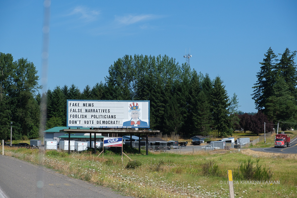 Roadside sign with picture of Uncle Sam reads: "Fake News, False Narratives, Foolish Politicians, Don't Vote Democrat!"