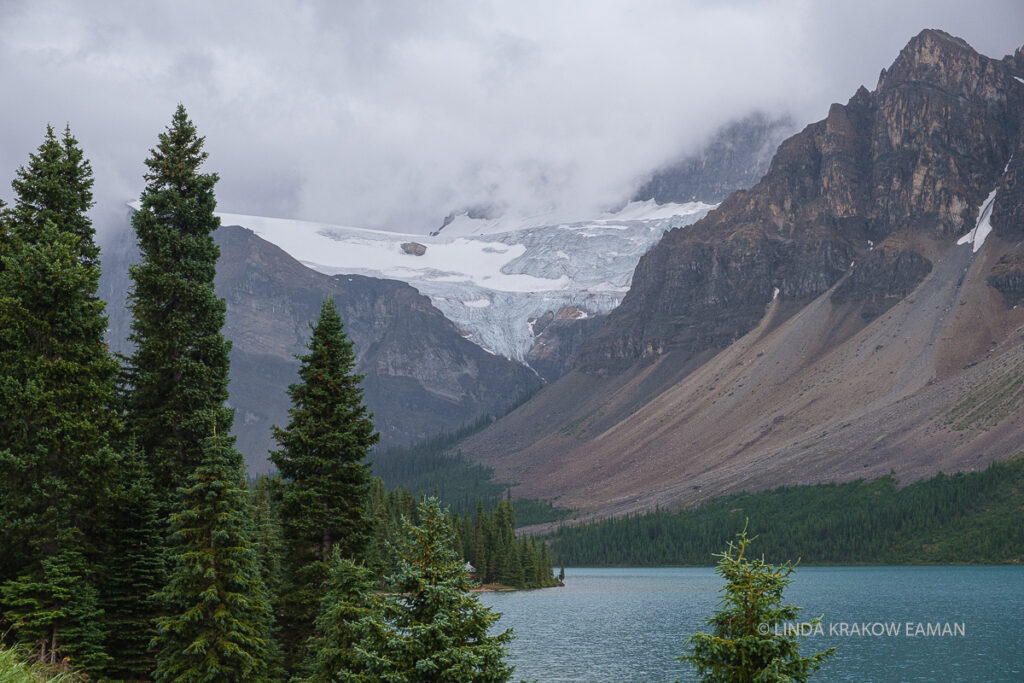 A glacier sits atop a rocky mountain with a lake and evergreen forest in the foreground.