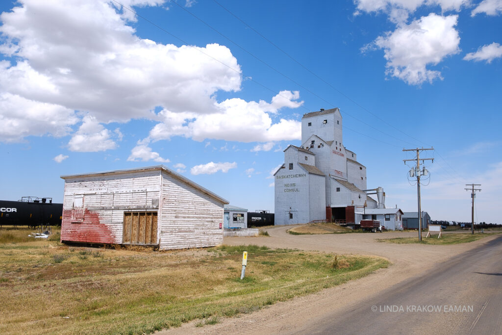 A grain elevator with a shed in the foreground. Blue sky with puffy white clouds. 