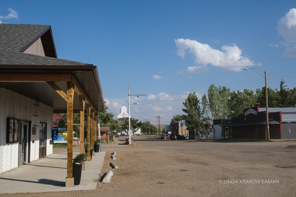 Small town with a grain elevator at the end of a wide unpaved main street. 