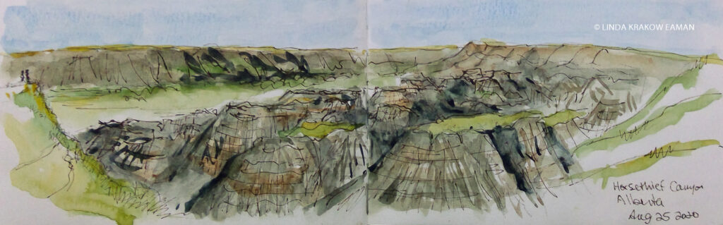 Ink and watercolor sketch of Horsethief Canyon in Alberta, Canada