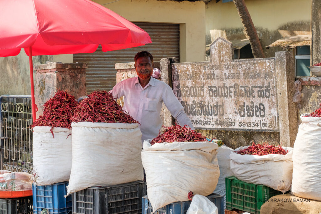 A man with a reddish beard stands looking at hte camera with huge bags piled high with dried chili peppers, under a red umbrella. 