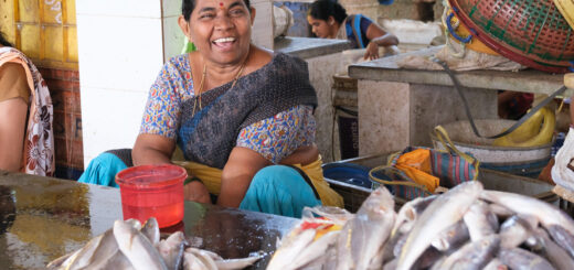 A smiling woman wearing a saree is sitting in front of her display of fish at the marketg