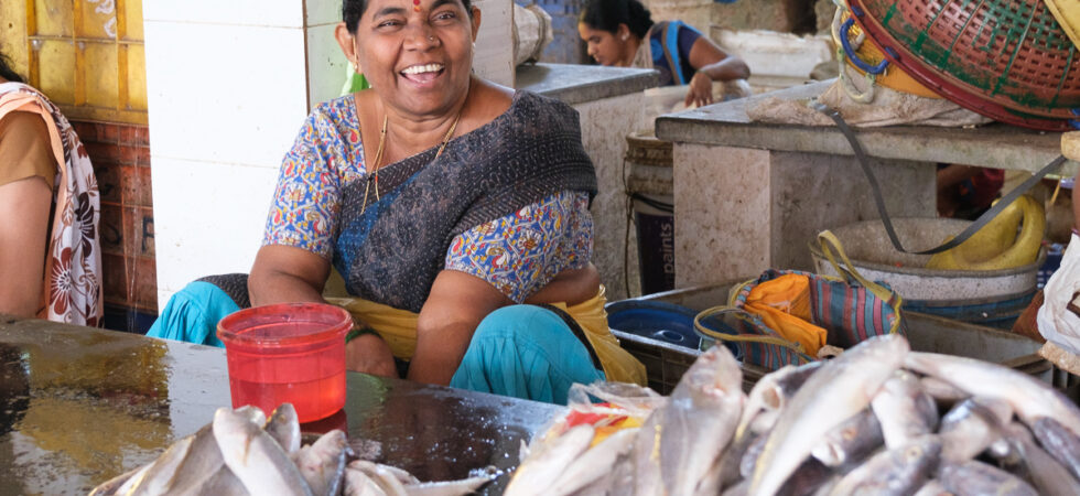 A smiling woman wearing a saree is sitting in front of her display of fish at the marketg
